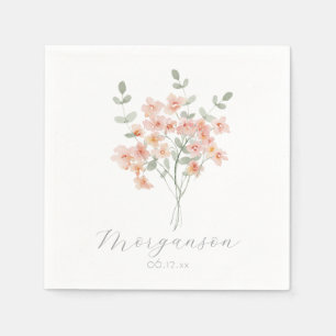 Elegante Perzik & Groene Waterverf Bloemen Servet