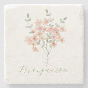 Elegante Perzik & Groene Waterverf Bloemen Stenen Onderzetter