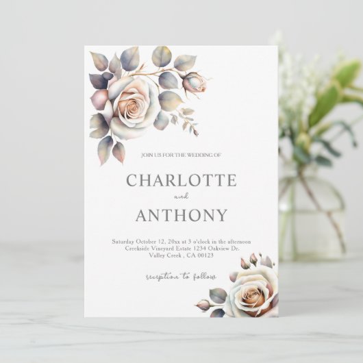 Elegante Perzik Ivoor Bloemen Vallen Bruiloft Kaart (Staand voorkant)