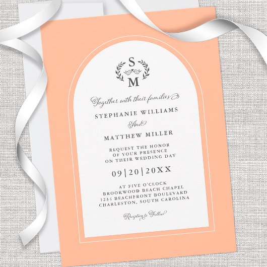 Elegante perzik kalligrafie crest boog bruiloft kaart