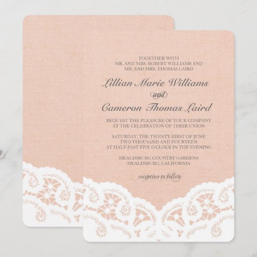 Elegante Perzik Kant Bruiloft Uitnodiging (Voorkant / Achterkant)
