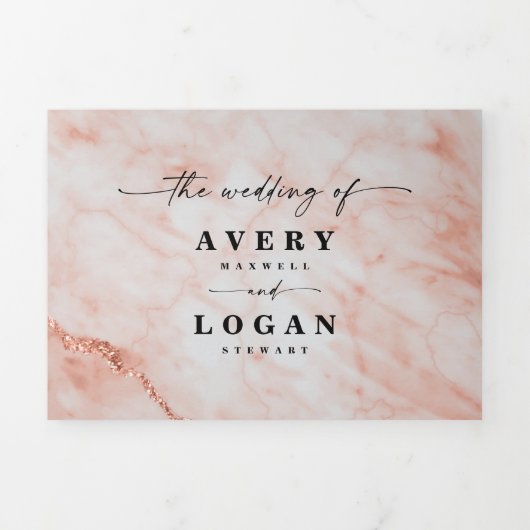 Elegante perzik kopermarmer met Folie bruiloft Drieluik Uitnodiging (Cover)