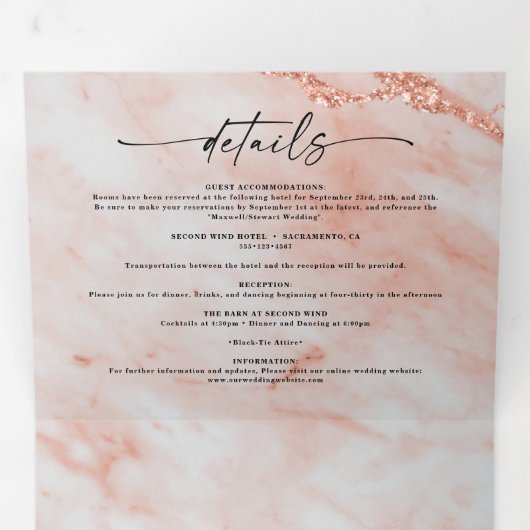 Elegante perzik kopermarmer met Folie bruiloft Drieluik Uitnodiging (Binnenzijde eerst)