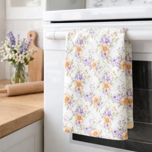 Elegante Perzik Lavendel Lente Bloemige Cottagecor Theedoek