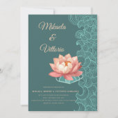 Elegante perzik lotus op Blauwgroen bruiloft uitno Kaart (Voorkant)