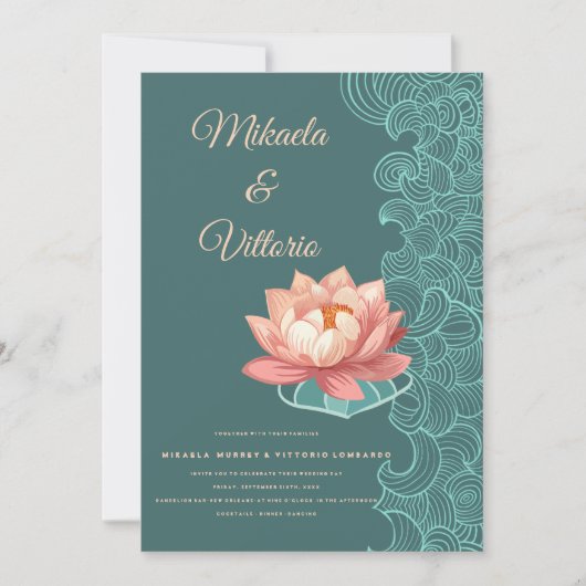 Elegante perzik lotus op Blauwgroen bruiloft uitno Kaart (Voorkant)
