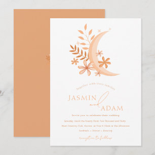 Elegante Perzik Maan Monogram Huwelijk Kaart