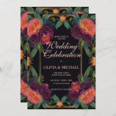 Elegante perzik magenta vintage bruiloft uitnodigi kaart (Voorkant / Achterkant)