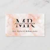 Elegante perzik marmer textuur monogram en QR-code Visitekaartje (Voorkant)