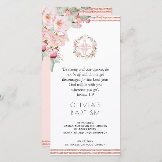 Elegante perzik, Mint Floral doop Bladwijzer gunst Bedankkaart (Voorkant / Achterkant)