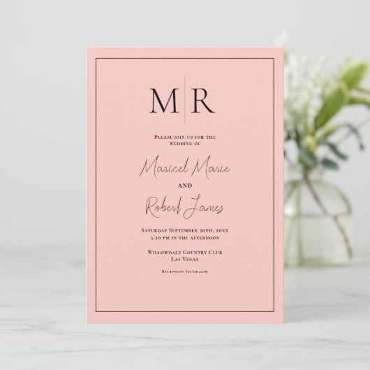 Elegante Perzik Monogram Moderne Trouwdag Kaart (Staand voorkant)