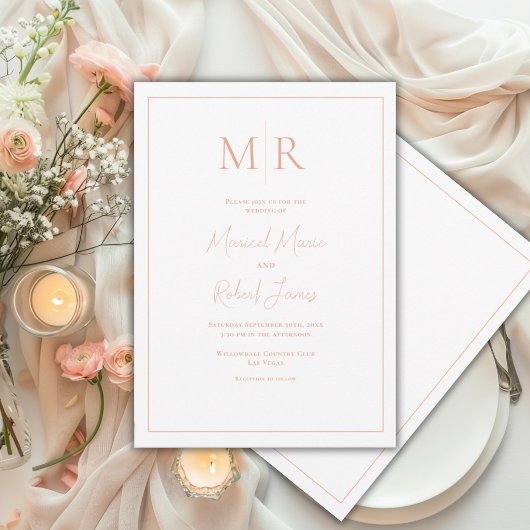 Elegante Perzik Monogram Moderne Trouwdag Kaart