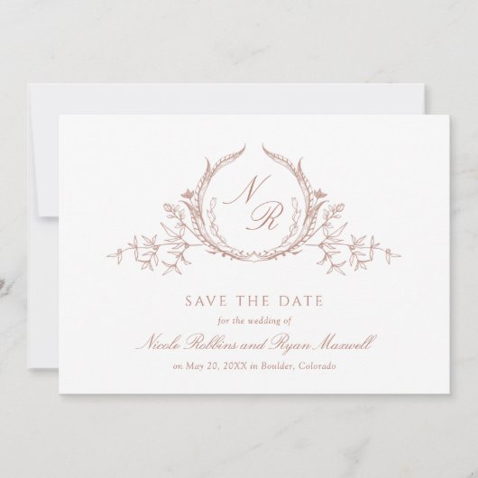 Elegante Perzik Monogram Trouw Calligrafie Save The Date (Voorkant)