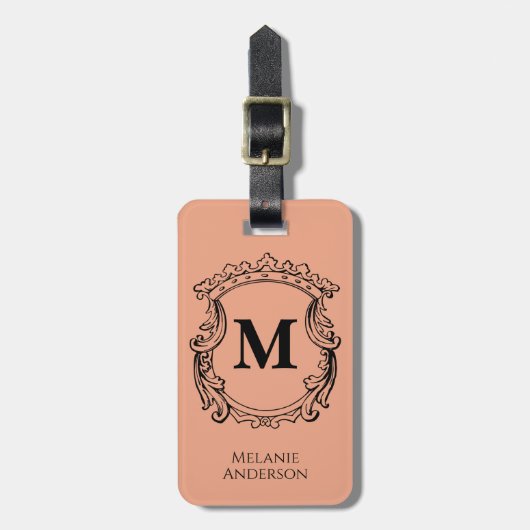 Elegante Perzik Monogram Wapenschild  Bagagelabel (Voorkant verticaal)