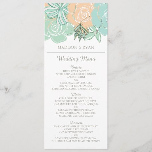 Elegante Perzik Munt Bloemen Bruiloft Menu (Voorkant)
