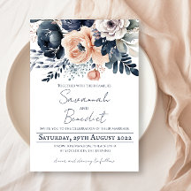 Elegante perzik navy bloemenbruiloft waterverf