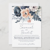 Elegante perzik navy bloemenbruiloft waterverf kaart (Voorkant)