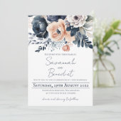 Elegante perzik navy bloemenbruiloft waterverf kaart (Staand voorkant)