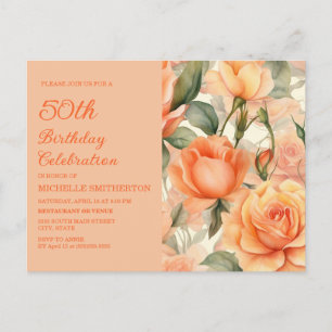 Elegante perzik-oranje bloemrozen 50e verjaardag uitnodiging briefkaart