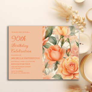 Elegante perzik-oranje bloemrozen 90e verjaardag uitnodiging briefkaart