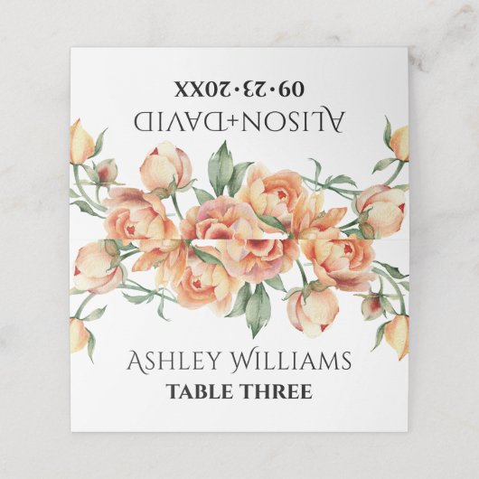 Elegante perzik pioen bloemen bloemenbruiloft plaatskaartje (Buitenkant ongevouwen)