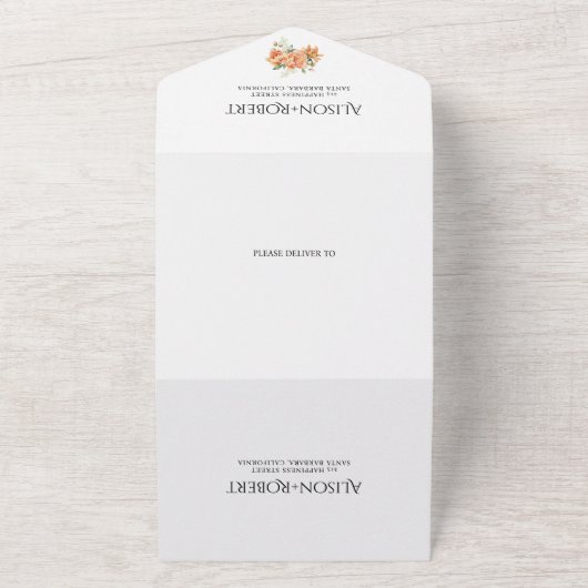 Elegante perzik pioen bloemen bruiloft all in one uitnodiging (Buitenkant)