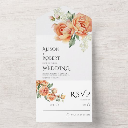 Elegante perzik pioen bloemen bruiloft all in one uitnodiging (Binnen)