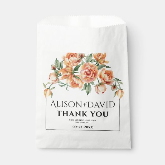 Elegante perzik pioen bloemen en typografie bruilo bedankzakje (Voorkant)