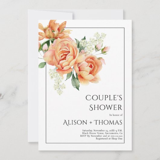 Elegante perzik pioen bloemen paar douche kaart (Voorkant)