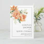 Elegante perzik pioen bloemen paar douche kaart (Staand voorkant)