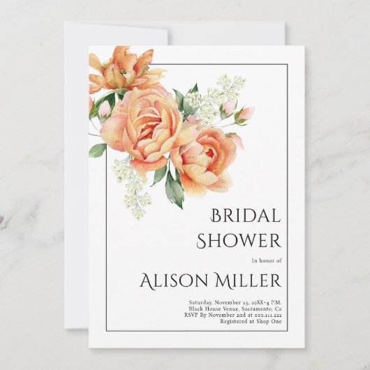 Elegante perzik pioen bloemen vrijgezellenfeest kaart (Voorkant)