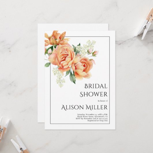 Elegante perzik pioen bloemen vrijgezellenfeest kaart (Voorkant / Achterkant in situ)