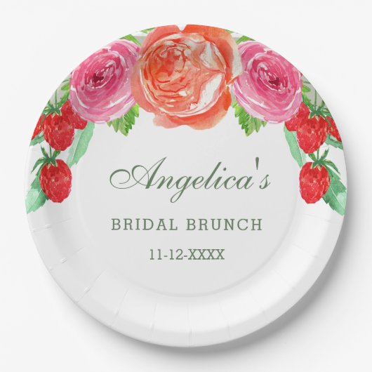 Elegante Perzik Pioen Roze Bloemen Bruidsbrunch Papieren Bordje (Voorkant)