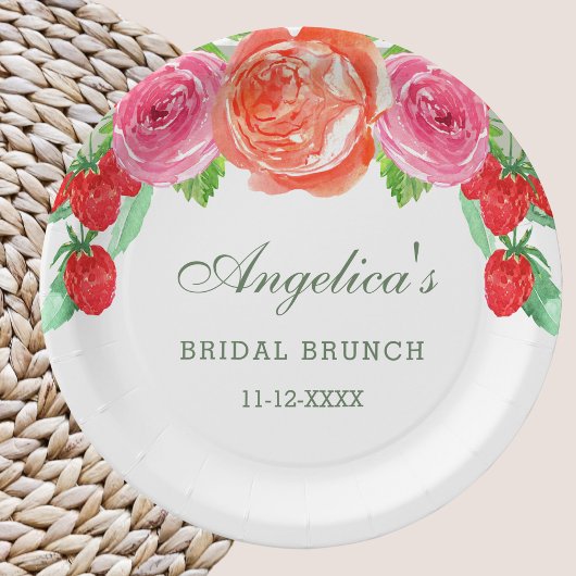 Elegante Perzik Pioen Roze Bloemen Bruidsbrunch Papieren Bordje