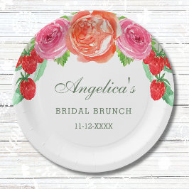 Elegante Perzik Pioen Roze Bloemen Bruidsbrunch Papieren Bordje