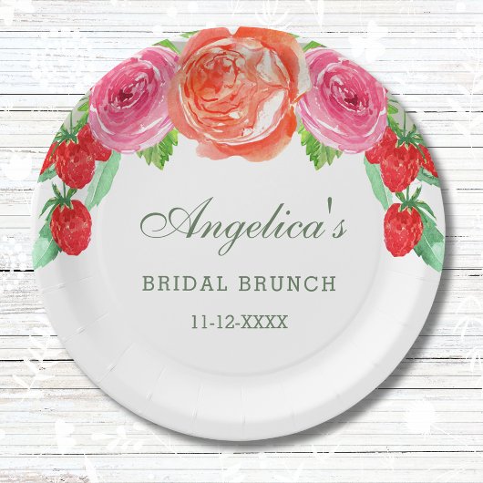 Elegante Perzik Pioen Roze Bloemen Bruidsbrunch Papieren Bordje