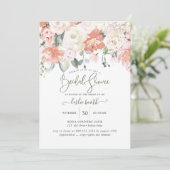 Elegante perzik pioenrozen roomroze bruidsdouche kaart (Staand voorkant)