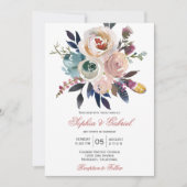 Elegante Perzik Roze Blauw Bloemen Bruiloft Uitnod Kaart (Voorkant)