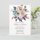 Elegante Perzik Roze Blauw Bloemen Bruiloft Uitnod Kaart (Staand voorkant)