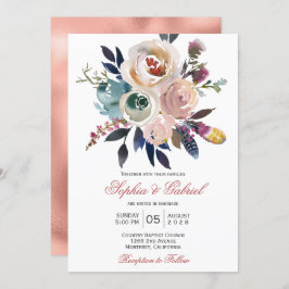 Elegante Perzik Roze Blauw Bloemen Bruiloft Uitnod Kaart