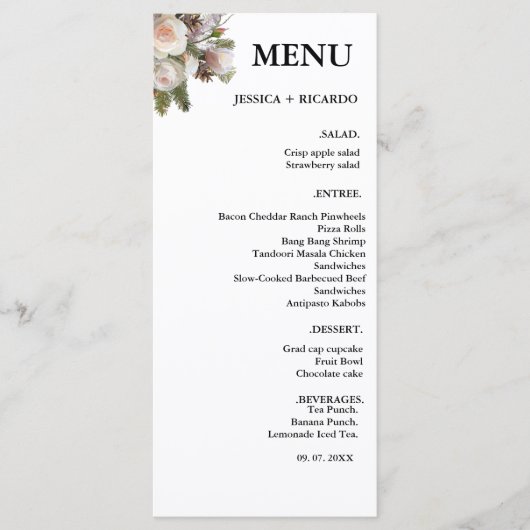 Elegante Perzik Roze Boho Waterverf Winterbruiloft Menu (Voorkant)