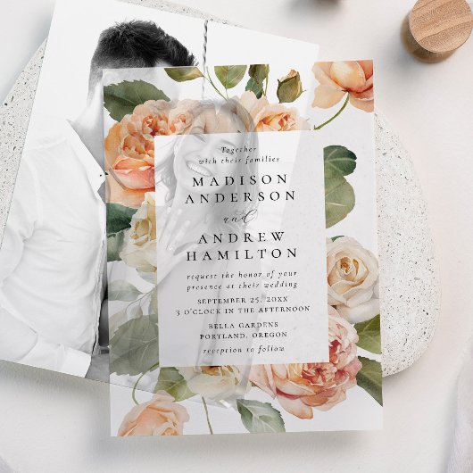 Elegante Perzik Roze Bruiloft Vellum Uitnodigingen