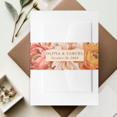 Elegante perzik roze bruin oranje bloemige trouw  uitnodigingen wikkel
