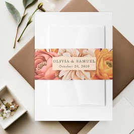 Elegante perzik roze bruin oranje bloemige trouw  uitnodigingen wikkel
