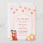 Elegante Perzik Roze Lotus Lantaarns Bruiloft Save The Date (Voorkant)