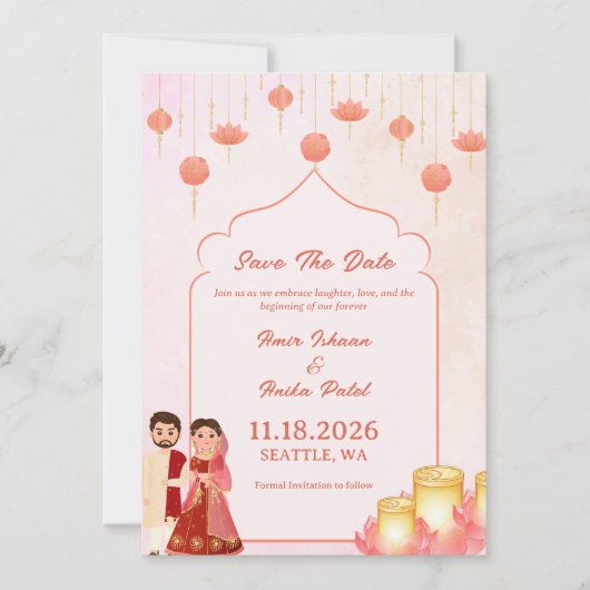 Elegante Perzik Roze Lotus Lantaarns Bruiloft Save The Date (Voorkant)