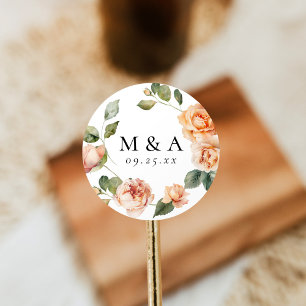 Elegante Perzik Roze Monogram Trouwdag Ronde Sticker