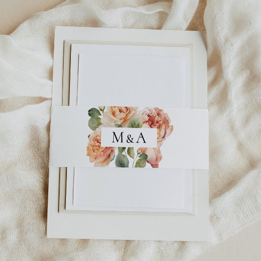 Elegante Perzik Roze Monogram Trouwdag Uitnodigingen Wikkel