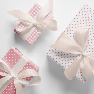 Elegante Perzik Roze Polka Dots Gingham Patroon Mi Inpakpapier Vel