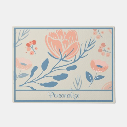 Elegante perzik roze roos blauwe steel bloem deurmat (Voorkant)